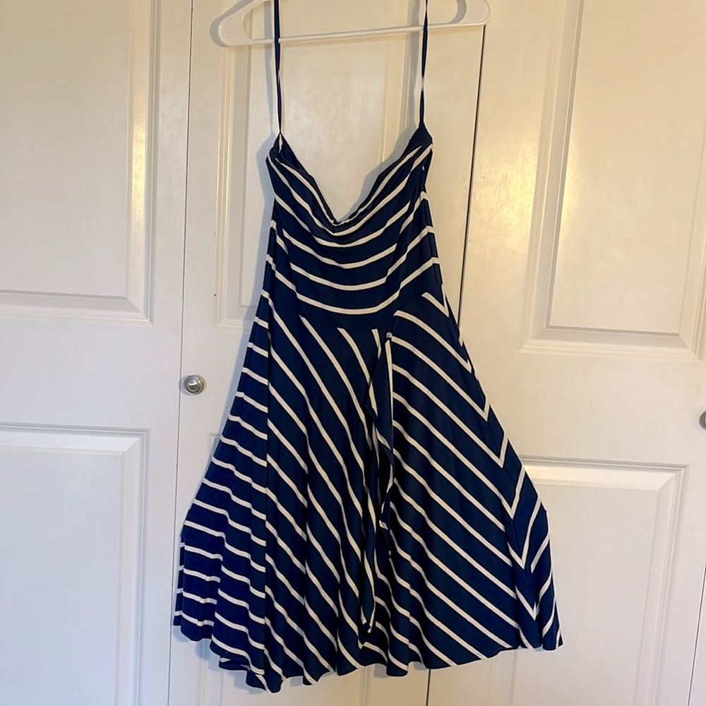 Ann Taylor Blue-striped Strapless Dress, Ruffle, Small